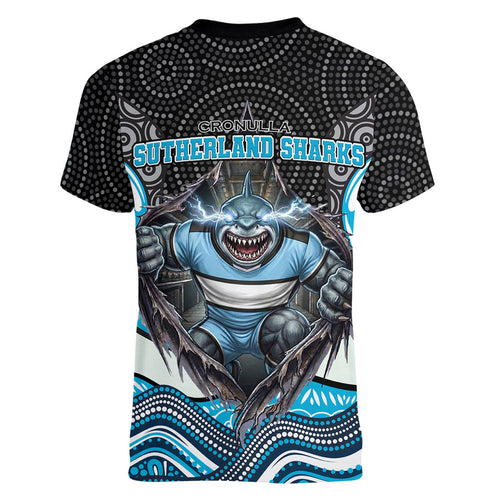 Cronulla Sutherland Sharks Women V-Neck T-Shirt The Scream of Lightning Eyes - Indigenous Dot Ripping Effect