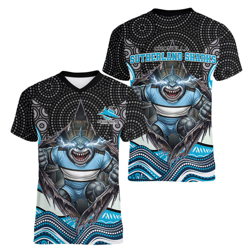 Cronulla Sutherland Sharks Women V-Neck T-Shirt The Scream of Lightning Eyes - Indigenous Dot Ripping Effect