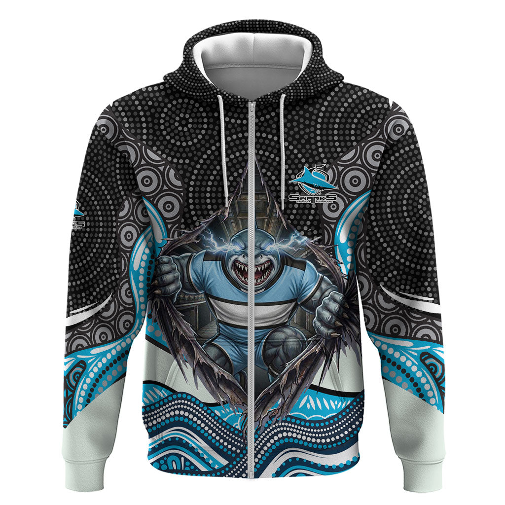 Cronulla Sutherland Sharks Zip Hoodie The Scream of Lightning Eyes - Indigenous Dot Ripping Effect