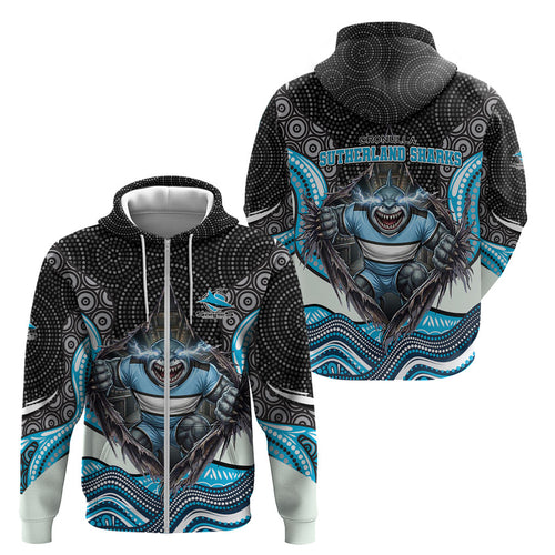 Cronulla Sutherland Sharks Zip Hoodie The Scream of Lightning Eyes - Indigenous Dot Ripping Effect