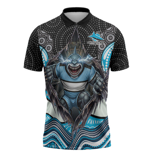 Cronulla Sutherland Sharks Zipper Polo Shirt The Scream of Lightning Eyes - Indigenous Dot Ripping Effect