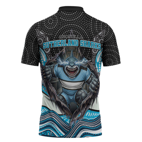 Cronulla Sutherland Sharks Zipper Polo Shirt The Scream of Lightning Eyes - Indigenous Dot Ripping Effect