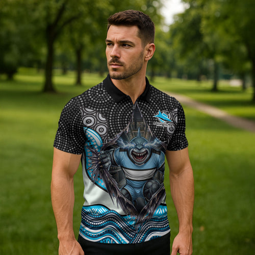 Cronulla Sutherland Sharks Zipper Polo Shirt The Scream of Lightning Eyes - Indigenous Dot Ripping Effect