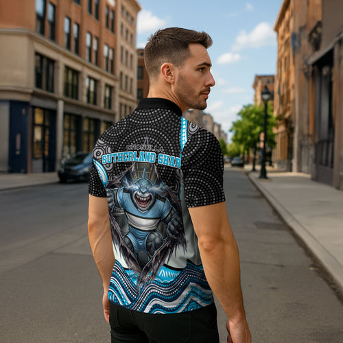 Cronulla Sutherland Sharks Zipper Polo Shirt The Scream of Lightning Eyes - Indigenous Dot Ripping Effect