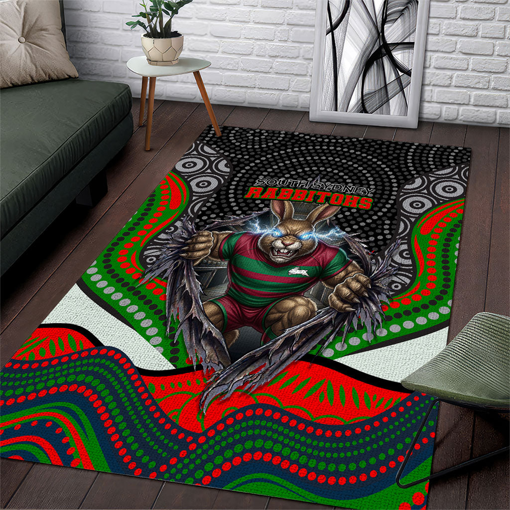 South Sydney Rabbitohs Area Rug The Scream of Lightning Eyes - Indigenous Dot Ripping Effect