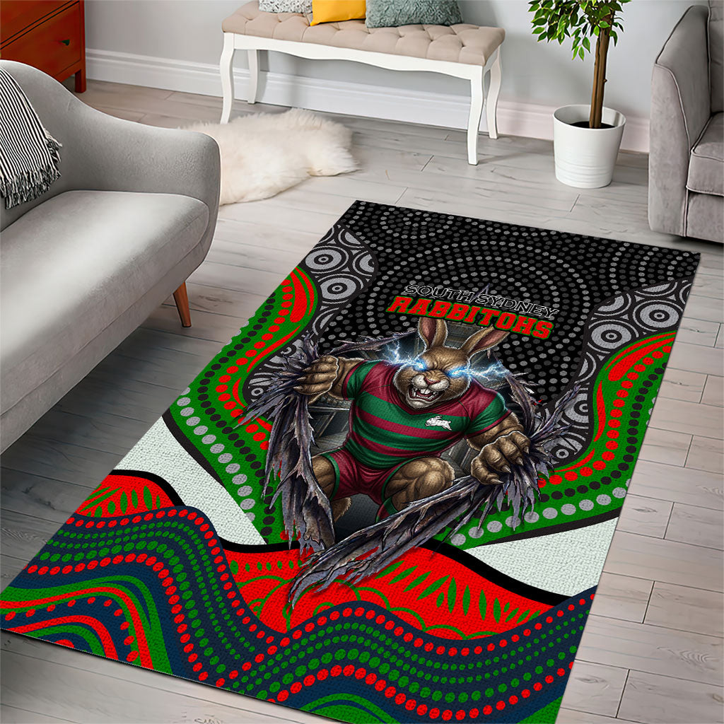 South Sydney Rabbitohs Area Rug The Scream of Lightning Eyes - Indigenous Dot Ripping Effect