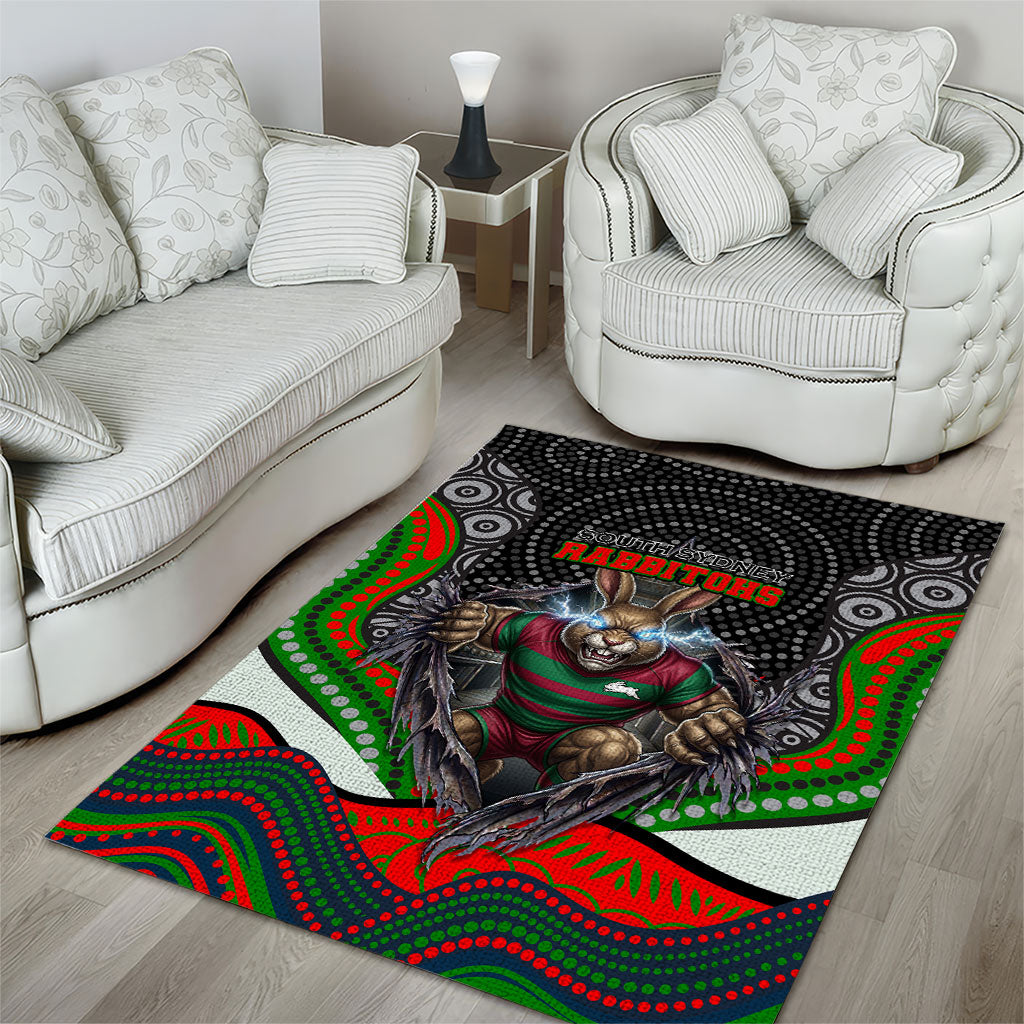 South Sydney Rabbitohs Area Rug The Scream of Lightning Eyes - Indigenous Dot Ripping Effect