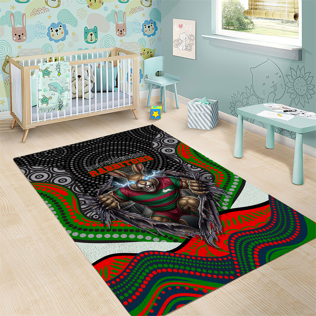 South Sydney Rabbitohs Area Rug The Scream of Lightning Eyes - Indigenous Dot Ripping Effect