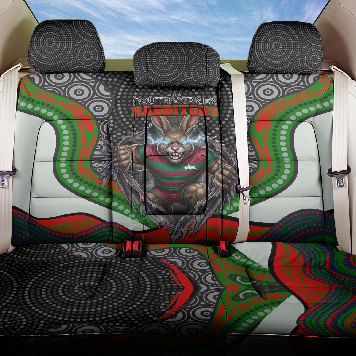 South Sydney Rabbitohs Back Car Seat Cover The Scream of Lightning Eyes - Indigenous Dot Ripping Effect