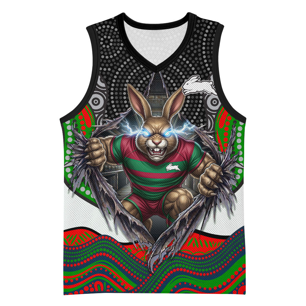 South Sydney Rabbitohs Basketball Jersey The Scream of Lightning Eyes - Indigenous Dot Ripping Effect