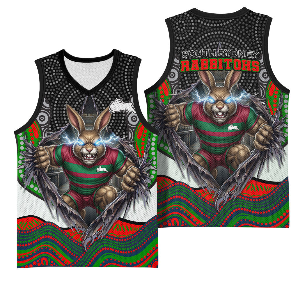 South Sydney Rabbitohs Basketball Jersey The Scream of Lightning Eyes - Indigenous Dot Ripping Effect