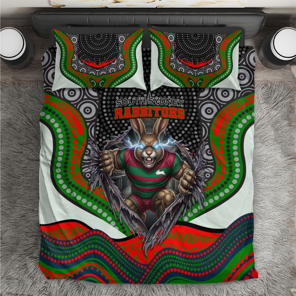 South Sydney Rabbitohs Bedding Set The Scream of Lightning Eyes - Indigenous Dot Ripping Effect