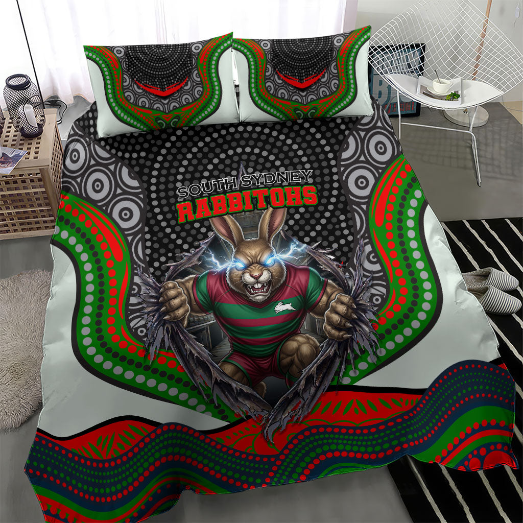 South Sydney Rabbitohs Bedding Set The Scream of Lightning Eyes - Indigenous Dot Ripping Effect