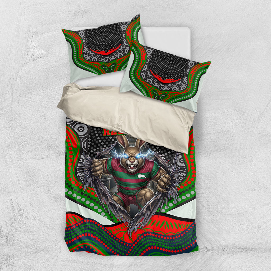 South Sydney Rabbitohs Bedding Set The Scream of Lightning Eyes - Indigenous Dot Ripping Effect