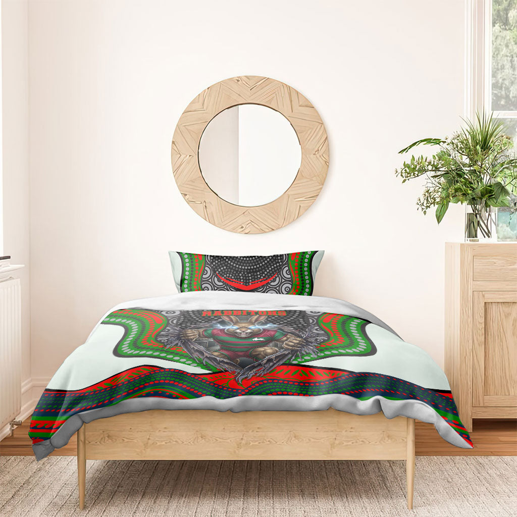 South Sydney Rabbitohs Bedding Set The Scream of Lightning Eyes - Indigenous Dot Ripping Effect