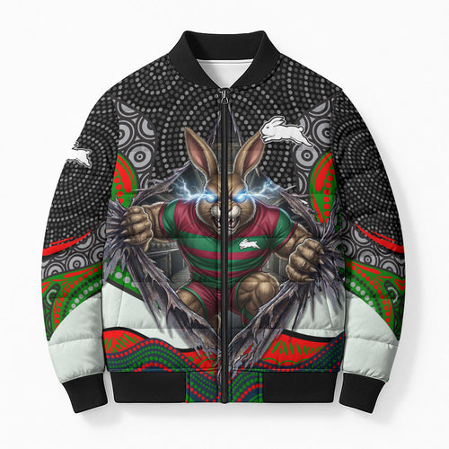 South Sydney Rabbitohs Bomber Puffer Jacket The Scream of Lightning Eyes - Indigenous Dot Ripping Effect
