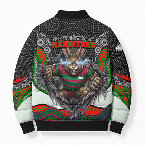 South Sydney Rabbitohs Bomber Puffer Jacket The Scream of Lightning Eyes - Indigenous Dot Ripping Effect