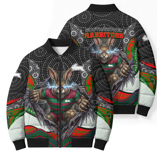South Sydney Rabbitohs Bomber Puffer Jacket The Scream of Lightning Eyes - Indigenous Dot Ripping Effect