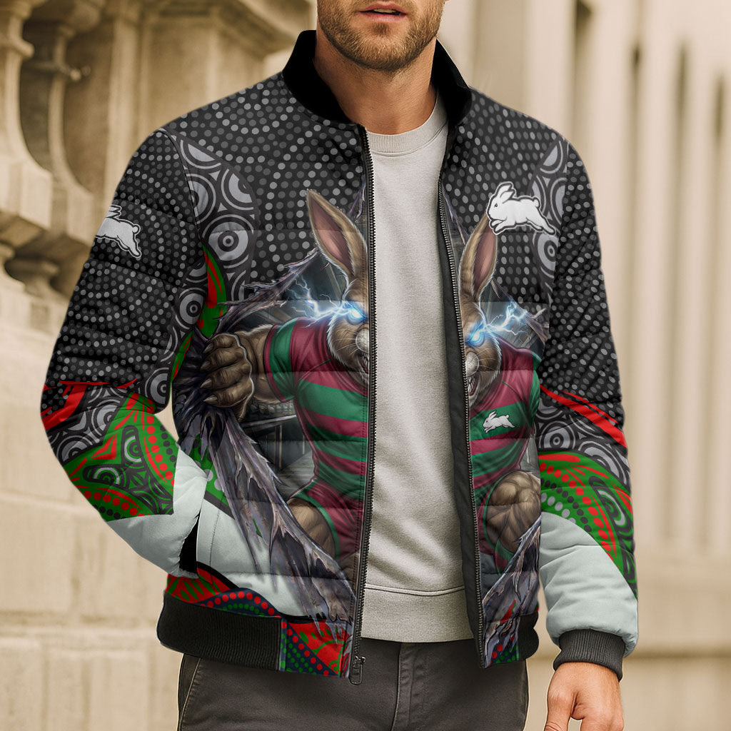 South Sydney Rabbitohs Bomber Puffer Jacket The Scream of Lightning Eyes - Indigenous Dot Ripping Effect