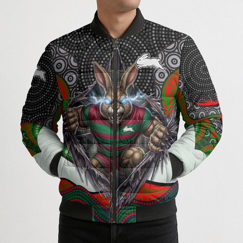 South Sydney Rabbitohs Bomber Puffer Jacket The Scream of Lightning Eyes - Indigenous Dot Ripping Effect