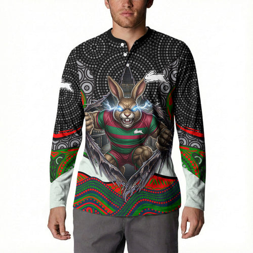 South Sydney Rabbitohs Button Sweatshirt The Scream of Lightning Eyes - Indigenous Dot Ripping Effect
