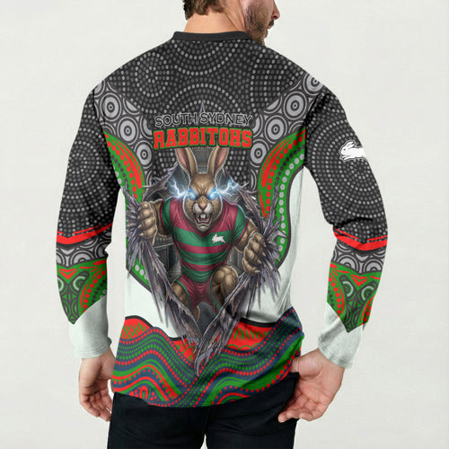 South Sydney Rabbitohs Button Sweatshirt The Scream of Lightning Eyes - Indigenous Dot Ripping Effect