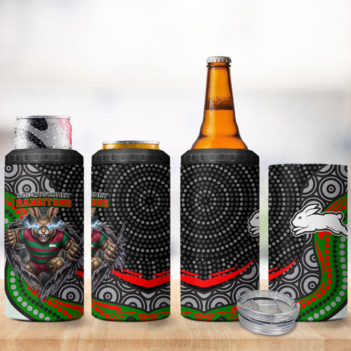 South Sydney Rabbitohs 4 in 1 Can Cooler Tumbler The Scream of Lightning Eyes - Indigenous Dot Ripping Effect