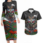 South Sydney Rabbitohs Couples Matching Long Sleeve Bodycon Dress and Hawaiian Shirt The Scream of Lightning Eyes - Indigenous Dot Ripping Effect