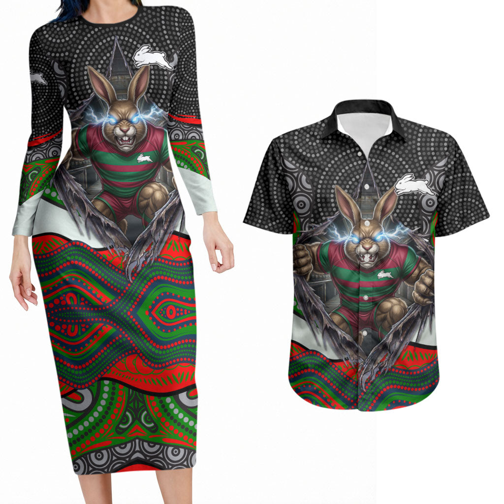 South Sydney Rabbitohs Couples Matching Long Sleeve Bodycon Dress and Hawaiian Shirt The Scream of Lightning Eyes - Indigenous Dot Ripping Effect