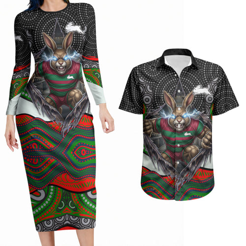 South Sydney Rabbitohs Couples Matching Long Sleeve Bodycon Dress and Hawaiian Shirt The Scream of Lightning Eyes - Indigenous Dot Ripping Effect