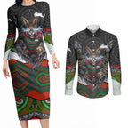 South Sydney Rabbitohs Couples Matching Long Sleeve Bodycon Dress and Long Sleeve Button Shirt The Scream of Lightning Eyes - Indigenous Dot Ripping Effect
