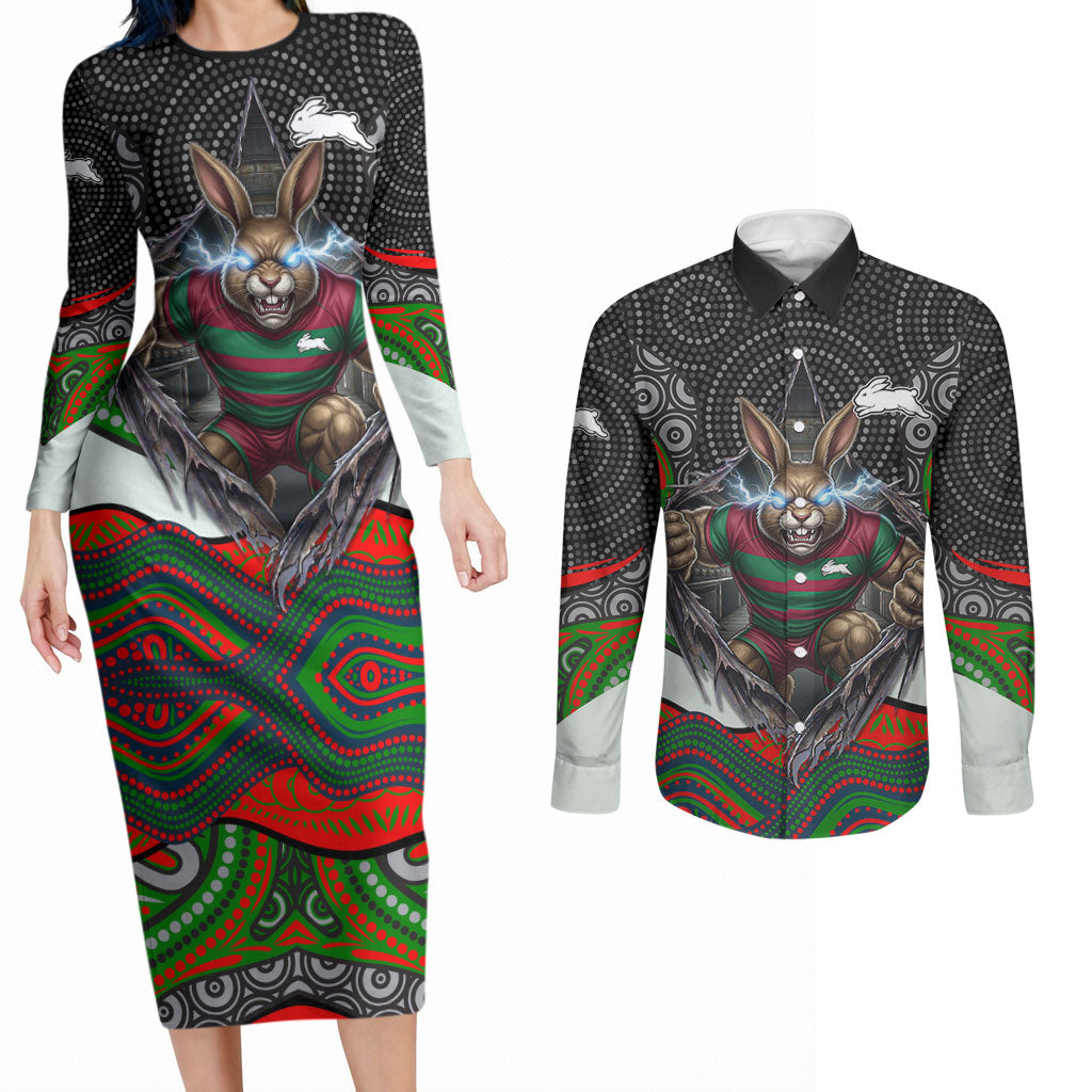 South Sydney Rabbitohs Couples Matching Long Sleeve Bodycon Dress and Long Sleeve Button Shirt The Scream of Lightning Eyes - Indigenous Dot Ripping Effect