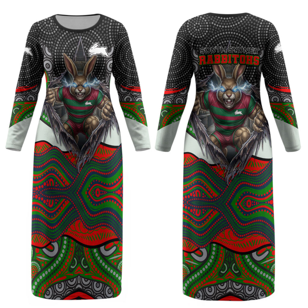 South Sydney Rabbitohs Couples Matching Long Sleeve Bodycon Dress and Long Sleeve Button Shirt The Scream of Lightning Eyes - Indigenous Dot Ripping Effect