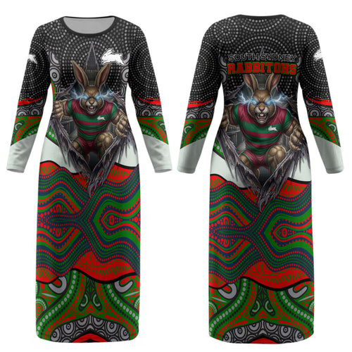 South Sydney Rabbitohs Couples Matching Long Sleeve Bodycon Dress and Long Sleeve Button Shirt The Scream of Lightning Eyes - Indigenous Dot Ripping Effect