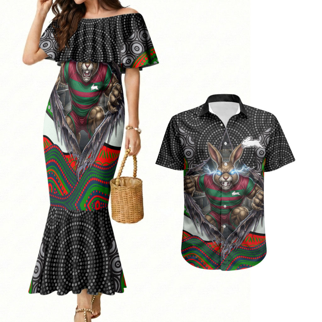 South Sydney Rabbitohs Couples Matching Mermaid Dress and Hawaiian Shirt The Scream of Lightning Eyes - Indigenous Dot Ripping Effect