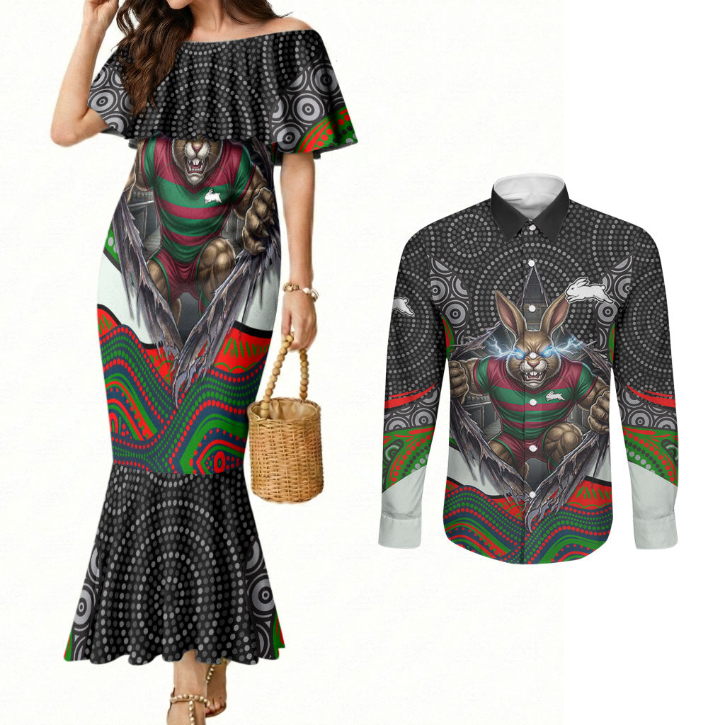 South Sydney Rabbitohs Couples Matching Mermaid Dress and Long Sleeve Button Shirt The Scream of Lightning Eyes - Indigenous Dot Ripping Effect