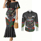 South Sydney Rabbitohs Couples Matching Mermaid Dress and Long Sleeve Button Shirt The Scream of Lightning Eyes - Indigenous Dot Ripping Effect
