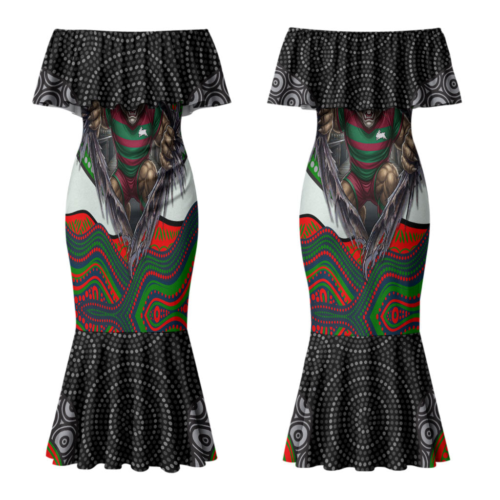 South Sydney Rabbitohs Couples Matching Mermaid Dress and Long Sleeve Button Shirt The Scream of Lightning Eyes - Indigenous Dot Ripping Effect