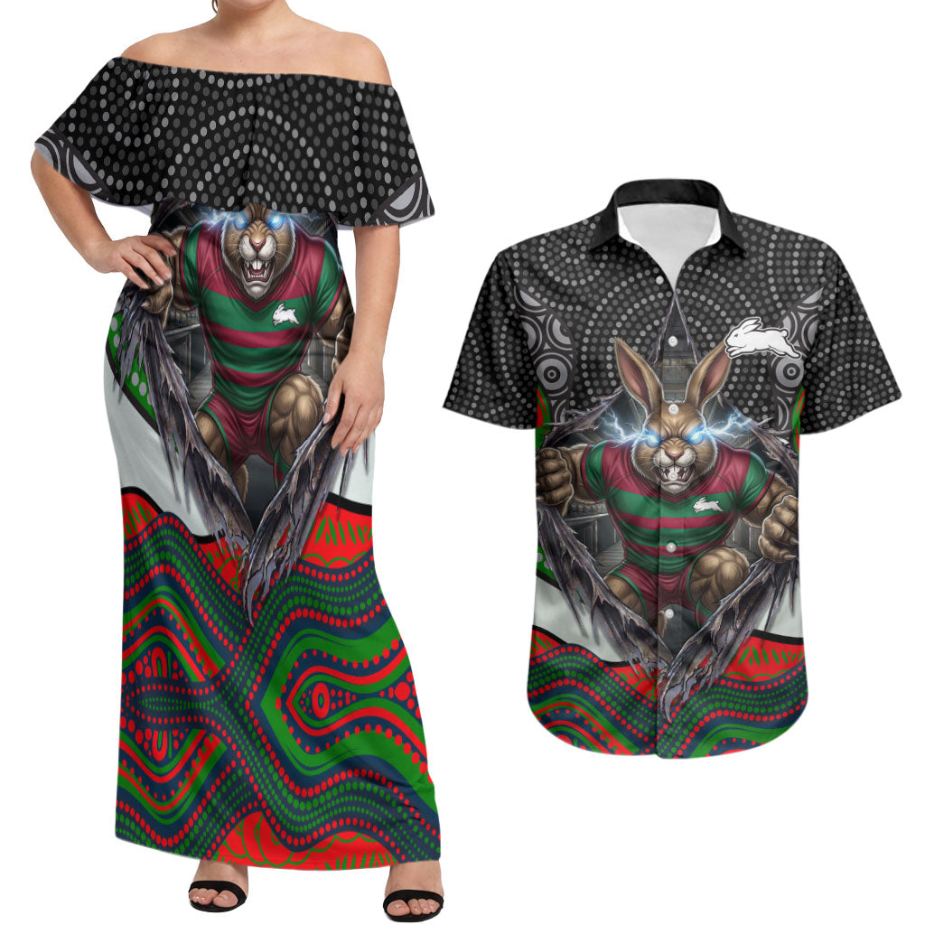 South Sydney Rabbitohs Couples Matching Off Shoulder Maxi Dress and Hawaiian Shirt The Scream of Lightning Eyes - Indigenous Dot Ripping Effect