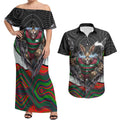 South Sydney Rabbitohs Couples Matching Off Shoulder Maxi Dress and Hawaiian Shirt The Scream of Lightning Eyes - Indigenous Dot Ripping Effect