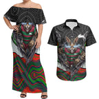 South Sydney Rabbitohs Couples Matching Off Shoulder Maxi Dress and Hawaiian Shirt The Scream of Lightning Eyes - Indigenous Dot Ripping Effect