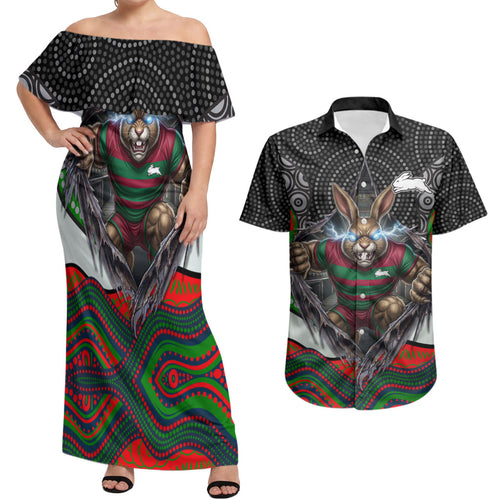 South Sydney Rabbitohs Couples Matching Off Shoulder Maxi Dress and Hawaiian Shirt The Scream of Lightning Eyes - Indigenous Dot Ripping Effect