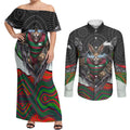 South Sydney Rabbitohs Couples Matching Off Shoulder Maxi Dress and Long Sleeve Button Shirt The Scream of Lightning Eyes - Indigenous Dot Ripping Effect