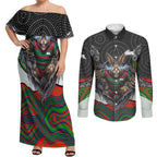 South Sydney Rabbitohs Couples Matching Off Shoulder Maxi Dress and Long Sleeve Button Shirt The Scream of Lightning Eyes - Indigenous Dot Ripping Effect