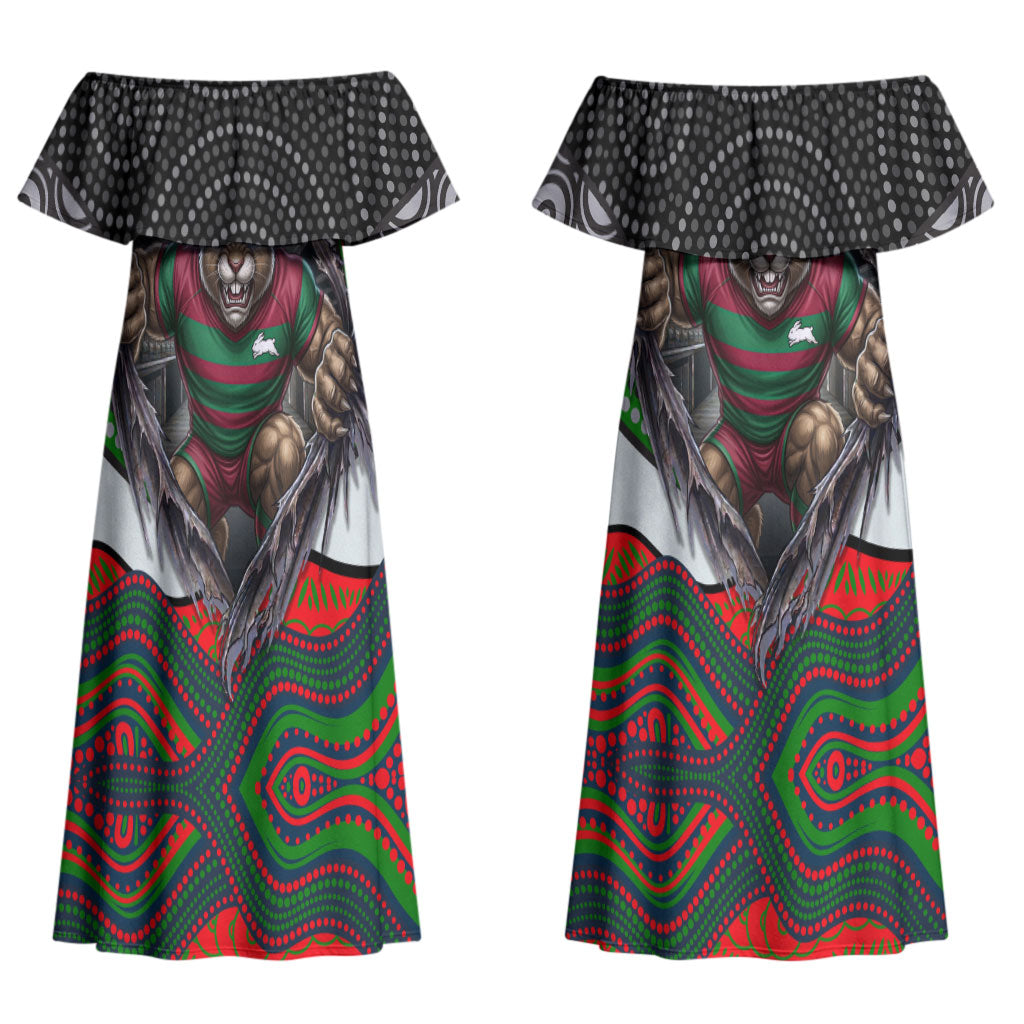 South Sydney Rabbitohs Couples Matching Off Shoulder Maxi Dress and Long Sleeve Button Shirt The Scream of Lightning Eyes - Indigenous Dot Ripping Effect