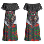 South Sydney Rabbitohs Couples Matching Off Shoulder Maxi Dress and Long Sleeve Button Shirt The Scream of Lightning Eyes - Indigenous Dot Ripping Effect