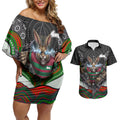 South Sydney Rabbitohs Couples Matching Off Shoulder Short Dress and Hawaiian Shirt The Scream of Lightning Eyes - Indigenous Dot Ripping Effect