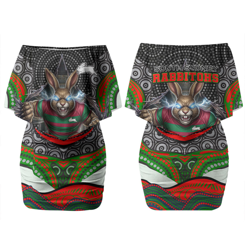 South Sydney Rabbitohs Couples Matching Off Shoulder Short Dress and Hawaiian Shirt The Scream of Lightning Eyes - Indigenous Dot Ripping Effect