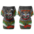 South Sydney Rabbitohs Couples Matching Off Shoulder Short Dress and Long Sleeve Button Shirt The Scream of Lightning Eyes - Indigenous Dot Ripping Effect