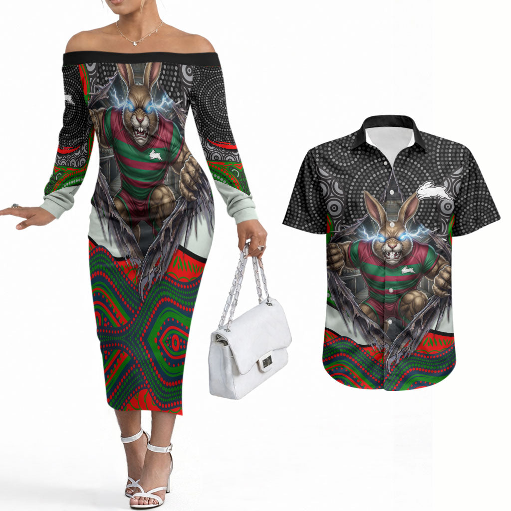 South Sydney Rabbitohs Couples Matching Off The Shoulder Long Sleeve Dress and Hawaiian Shirt The Scream of Lightning Eyes - Indigenous Dot Ripping Effect